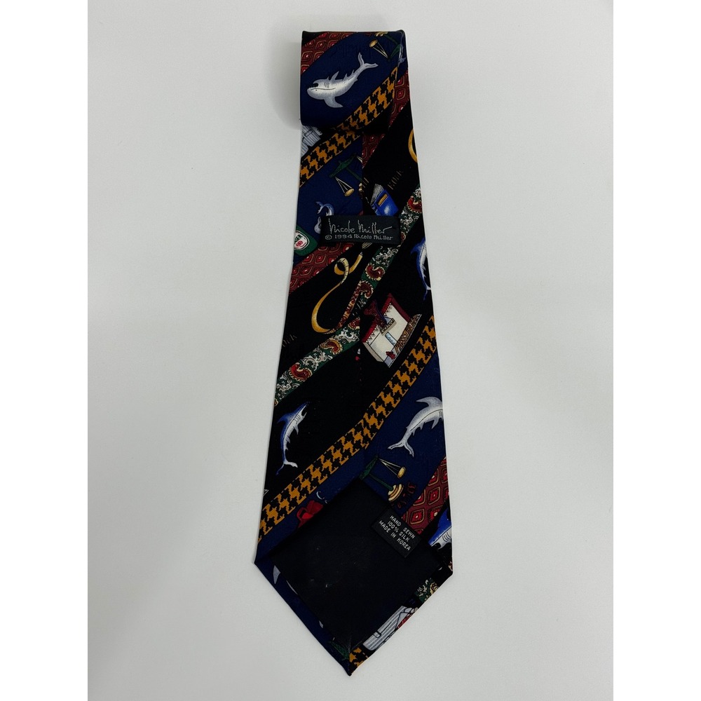 Nicole Miller 1994 Vintage Law Legal Theme Silk Necktie Navy Black Shark Gavel - Picture 3 of 7